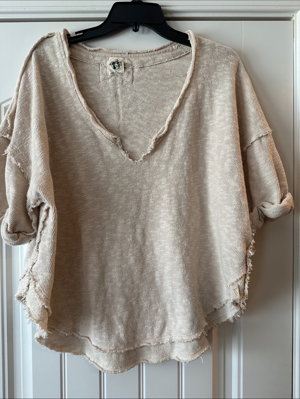 We The Free Raw-Edge V-Neck Boxy Sweatshirt in Beige